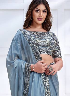 Ice blue faux crepe satin silk saree with embroidered blouse 2