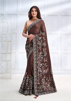 Coffee brown faux crepe satin silk embroidered sare with blouse 1