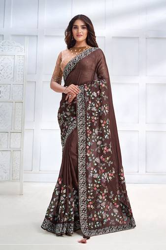 Coffee brown faux crepe satin silk embroidered sare with blouse