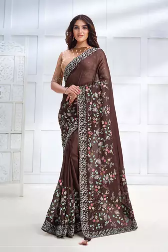 Coffee brown faux crepe satin silk embroidered sare with blouse