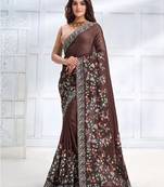 Coffee brown faux crepe satin silk embroidered sare with blouse