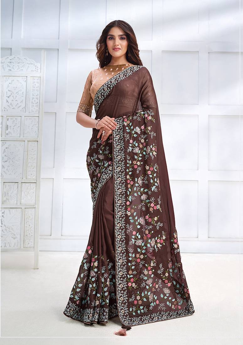 Coffee brown faux crepe satin silk embroidered sare with blouse