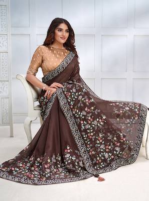 Coffee brown faux crepe satin silk embroidered sare with blouse 2