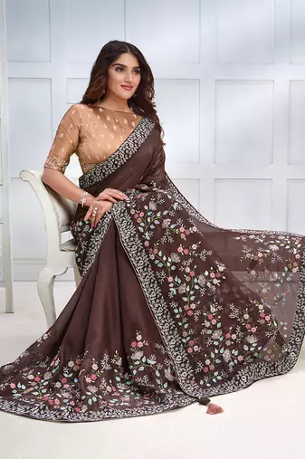 Coffee brown faux crepe satin silk embroidered sare with blouse