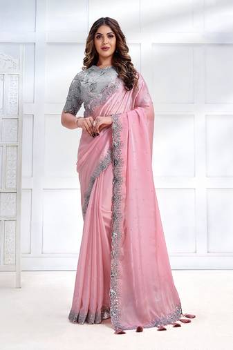 Baby pink faux crepe satin silk saree with embroidered blouse