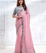Baby pink faux crepe satin silk saree with embroidered blouse