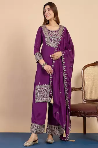 Floral embroidered silk blend round neck kurta trouser & dupatta set