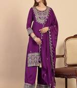 Floral embroidered silk blend round neck kurta trouser & dupatta set