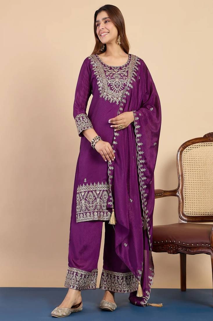 Floral embroidered silk blend round neck kurta trouser & dupatta set