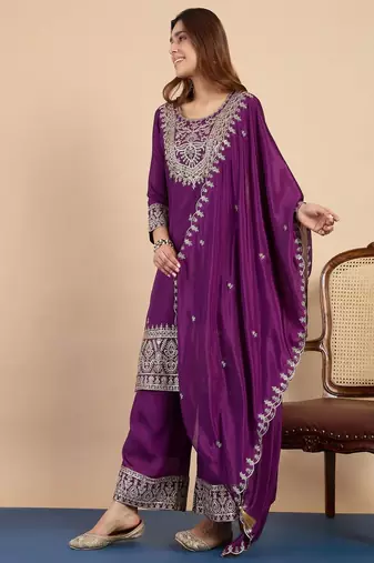 Floral embroidered silk blend round neck kurta trouser & dupatta set