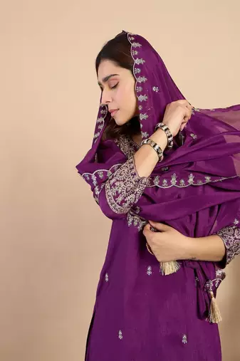 Floral embroidered silk blend round neck kurta trouser & dupatta set