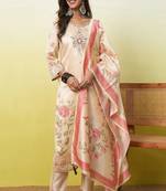 Floral embroidered silk blend round neck kurta trouser & dupatta set