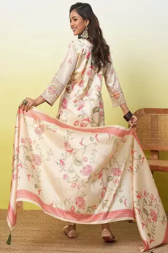 Floral embroidered silk blend round neck kurta trouser & dupatta set