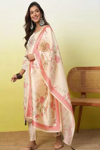 Floral embroidered silk blend round neck kurta trouser & dupatta set