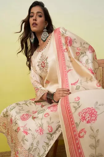 Floral embroidered silk blend round neck kurta trouser & dupatta set
