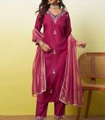 Floral embroidered silk blend v neck kurta trouser & dupatta set