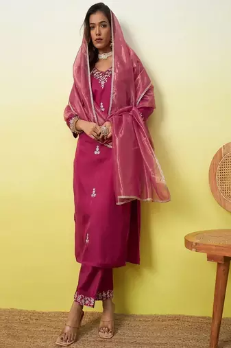 Floral embroidered silk blend v neck kurta trouser & dupatta set
