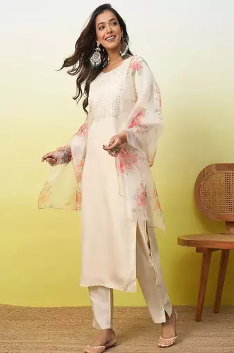 Floral  embroidered silk blend round neck kurta trouser & dupatta set