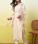 Floral  embroidered silk blend round neck kurta trouser & dupatta set