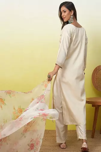 Floral  embroidered silk blend round neck kurta trouser & dupatta set