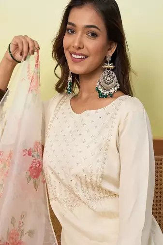 Floral  embroidered silk blend round neck kurta trouser & dupatta set