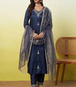 Floral embroidered silk blend v neck kurta trouser & dupatta set