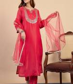 Floral embroidered silk blend round neck kurta trouser & dupatta set