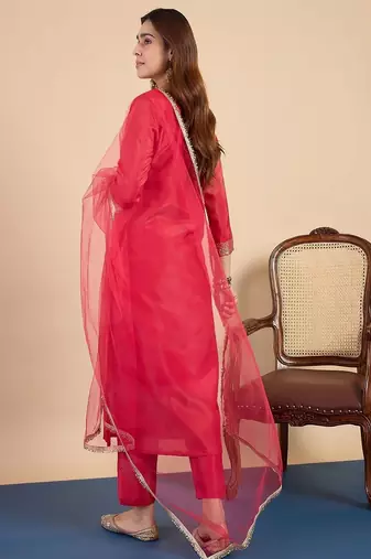 Floral embroidered silk blend round neck kurta trouser & dupatta set