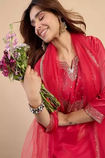 Floral embroidered silk blend round neck kurta trouser & dupatta set