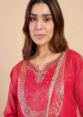 Floral embroidered silk blend round neck kurta trouser & dupatta set 4