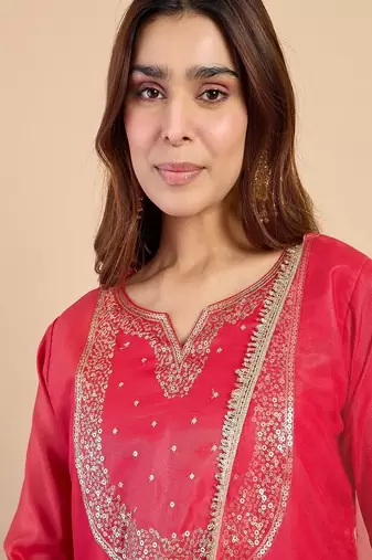 Floral embroidered silk blend round neck kurta trouser & dupatta set