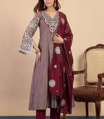 Floral embroidered silk blend v neck kurta trouser & dupatta set
