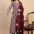 Floral embroidered silk blend v neck kurta trouser & dupatta set