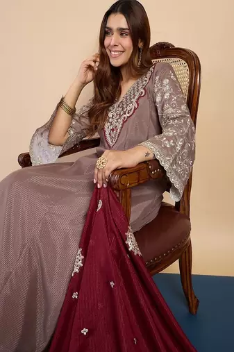 Floral embroidered silk blend v neck kurta trouser & dupatta set