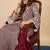 Floral embroidered silk blend v neck kurta trouser & dupatta set