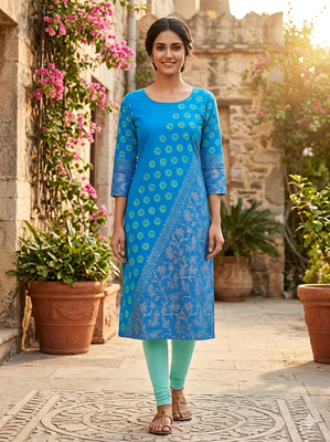 Women sky blue cotton straight kurta 1