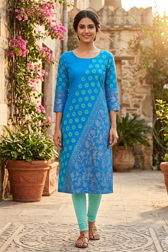 Women sky blue cotton straight kurta