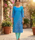 Women sky blue cotton straight kurta