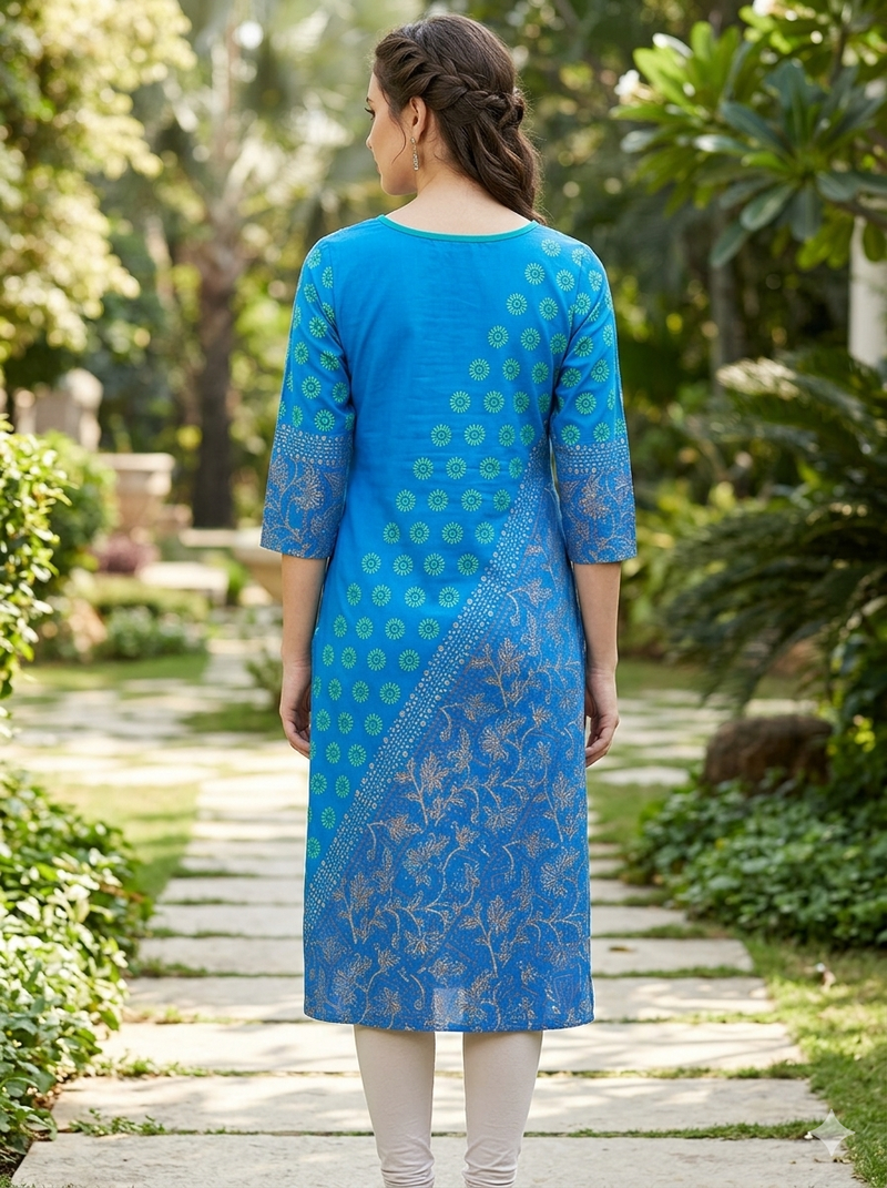 Women sky blue cotton straight kurta