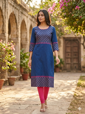 Women navy cotton straight kurta 1
