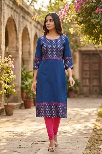 Women navy cotton straight kurta