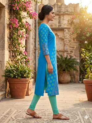 Women sky blue cotton straight kurta 3