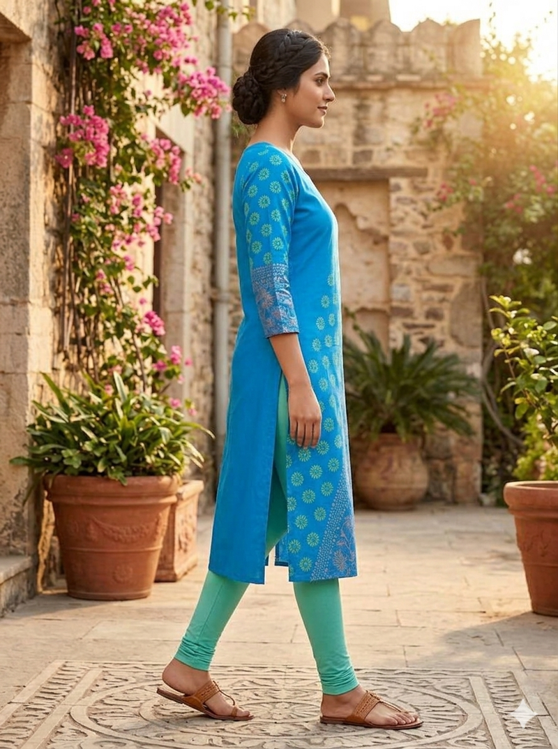 Women sky blue cotton straight kurta