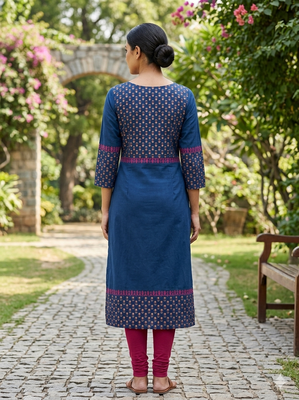 Women navy cotton straight kurta 2