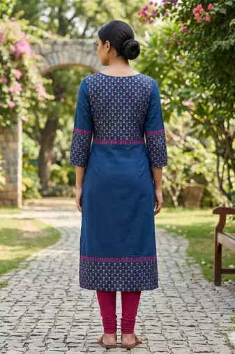 Women navy cotton straight kurta