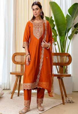 Floral embroidered silk blend round neck kurta trouser & dupatta set 1