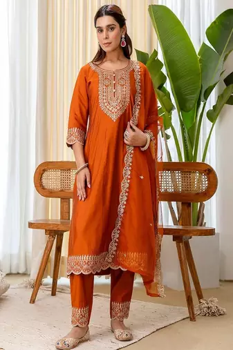 Floral embroidered silk blend round neck kurta trouser & dupatta set