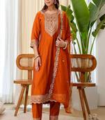Floral embroidered silk blend round neck kurta trouser & dupatta set