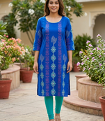Women royal blue cotton straight kurta