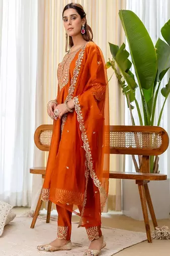 Floral embroidered silk blend round neck kurta trouser & dupatta set